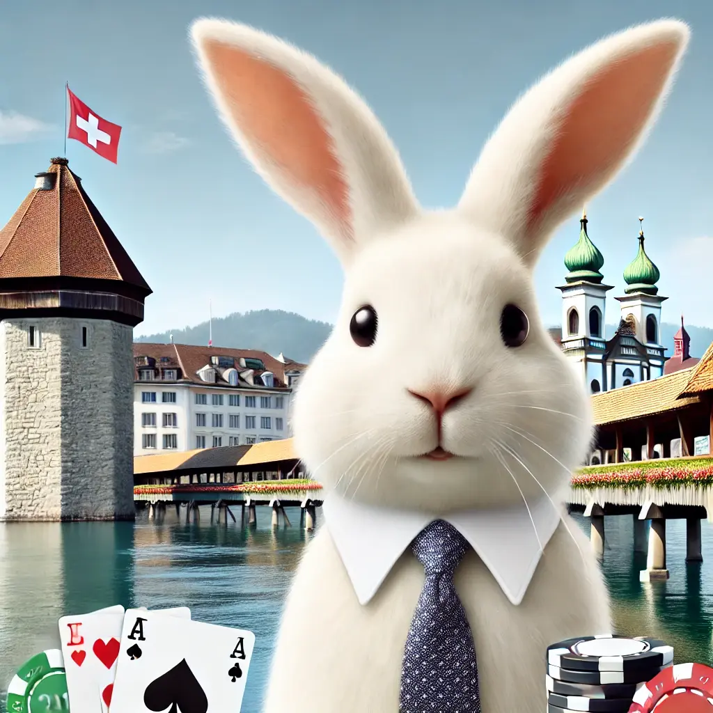 DALL·E 2024-11-13 15.57.09 - A friendly white rabbit wearing a tie, set in an online casino theme with the iconic Kapellbrücke (Chapel Bridge) of Lucerne in the background. The ra.webp